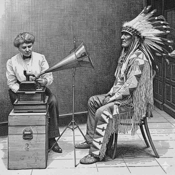Frances Densmore recording Blackfoot chief Mountain Chief on a cylinder phonograph